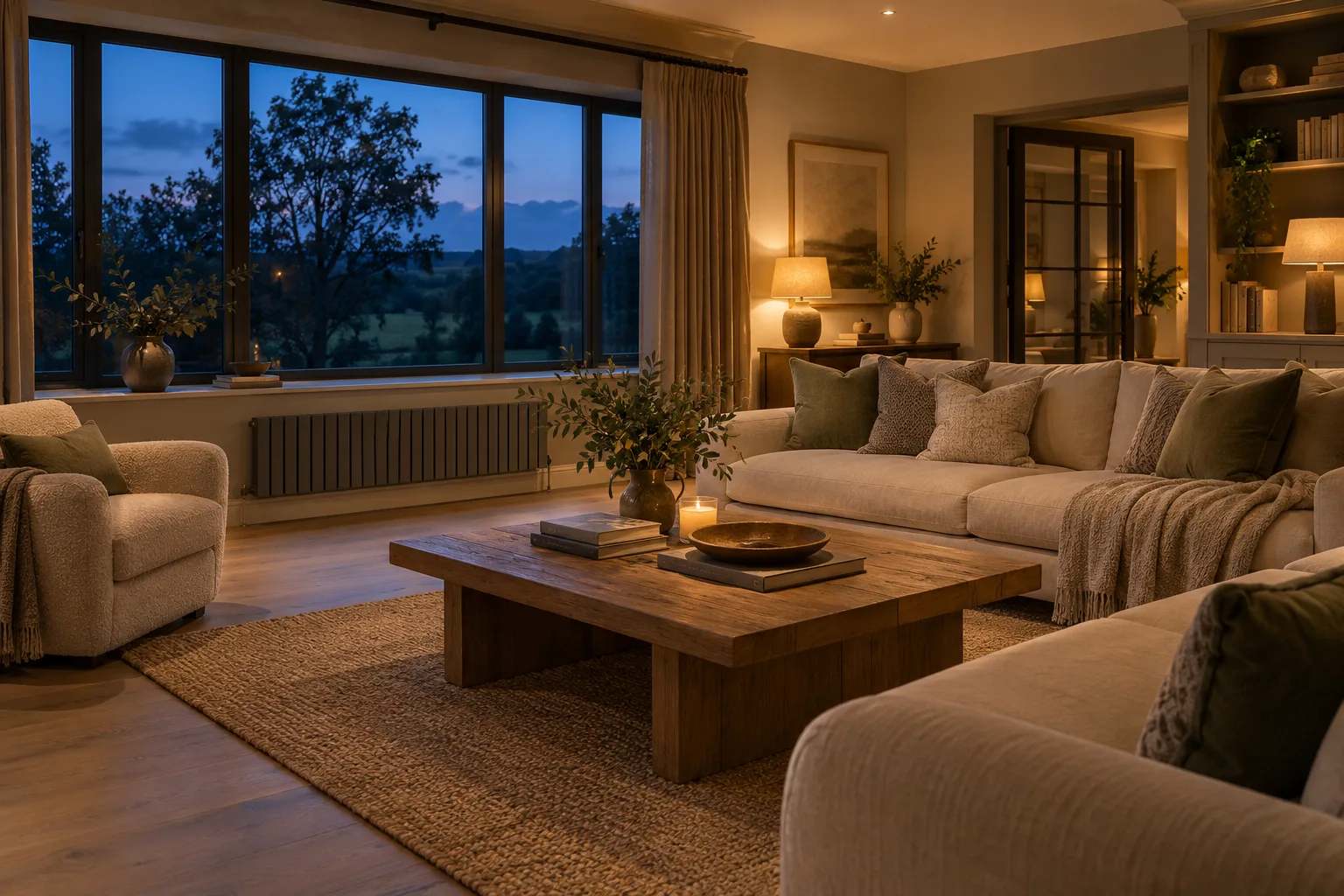 A warmly lit country-house living room at dusk